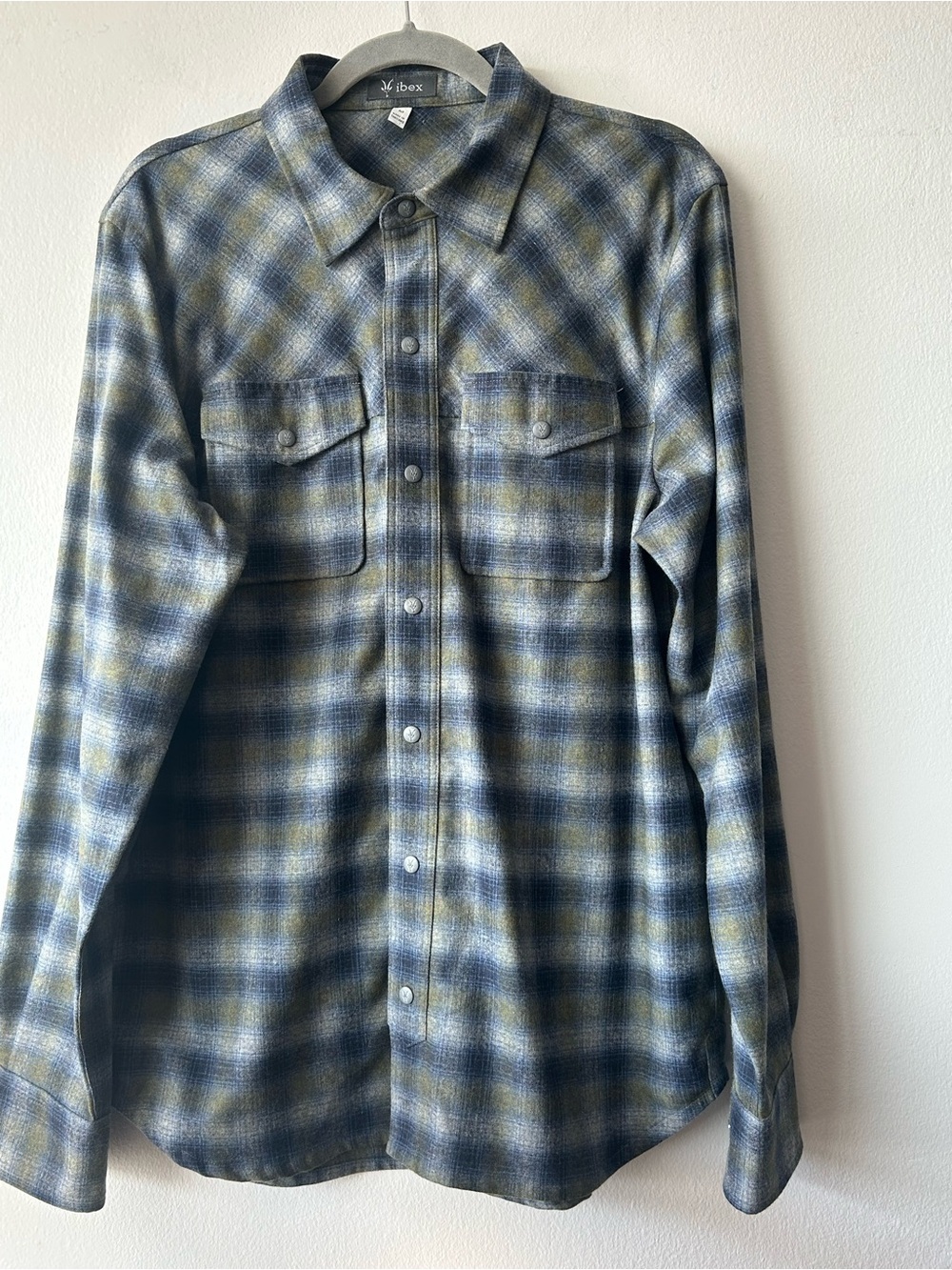 ibex Grey  and Blue Plaid Men's Button-Down Wool blend Shirt